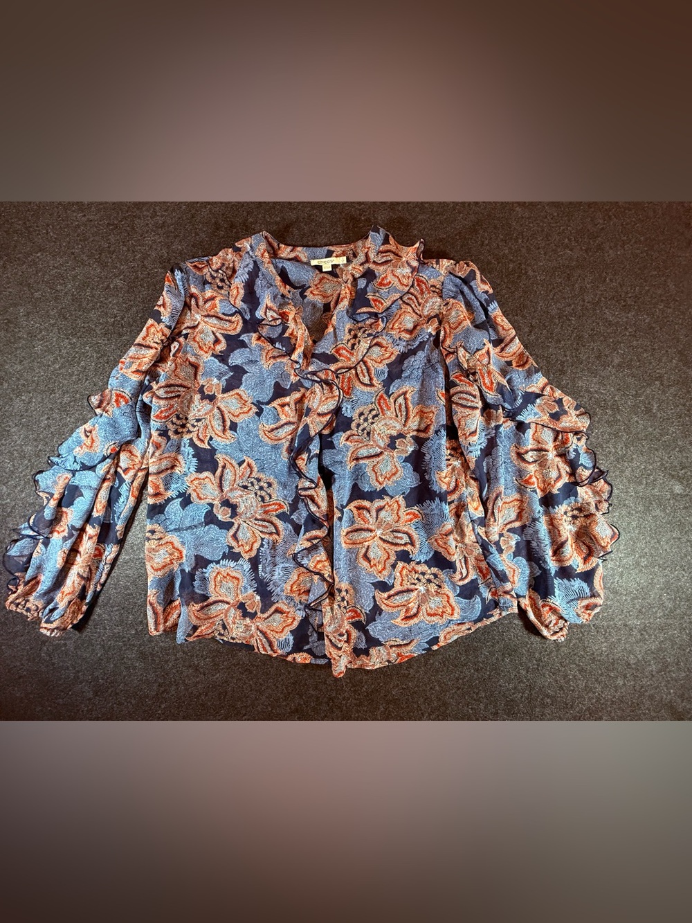 Chico’s Floral Ruffle V-Neck Long-Sleeve Blouse in Navy and Rust